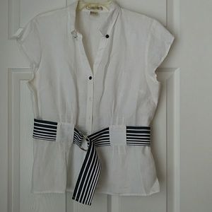 White linen belted blouse